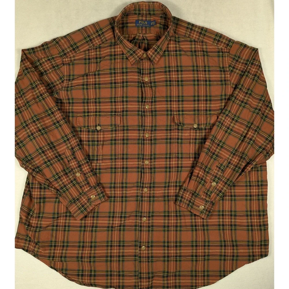 Polo Ralph Lauren Mens 4XB Plaid Button‎ Down Shirt Rust Orange Green Cotton L/S
